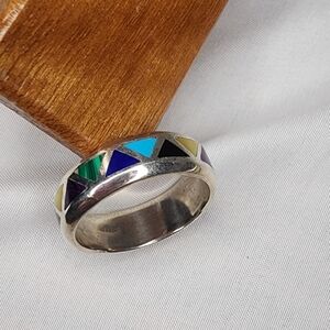 Vintage Sterling Silver Multicolor Geometric Inlay Ring size 12
